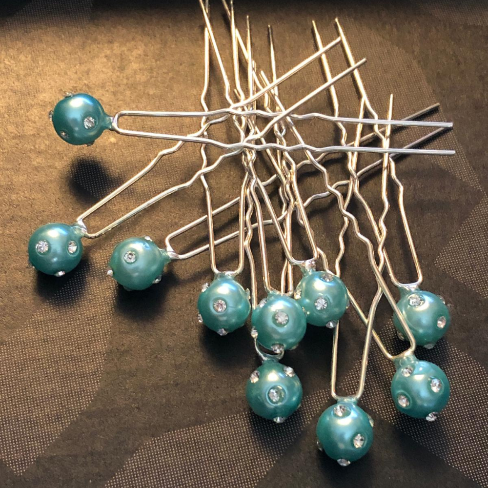 Hair Pin - Tiffany Blue Diamante Pearl x 10